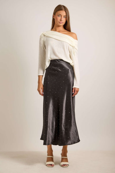 Maxi falda negra de satín con brillos (Nueva)