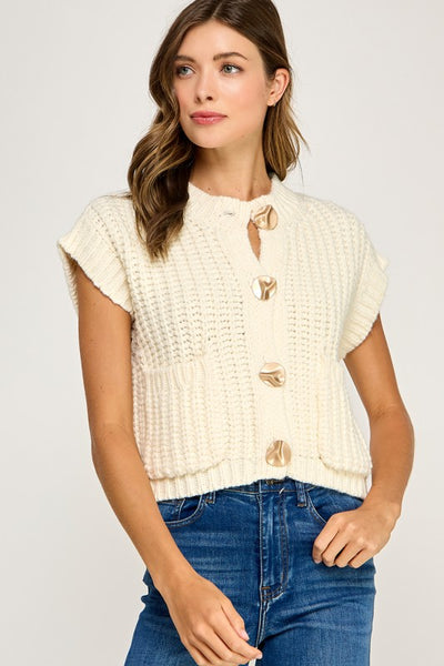 Chaleco beige de punto con detalles dorados (Nuevo)
