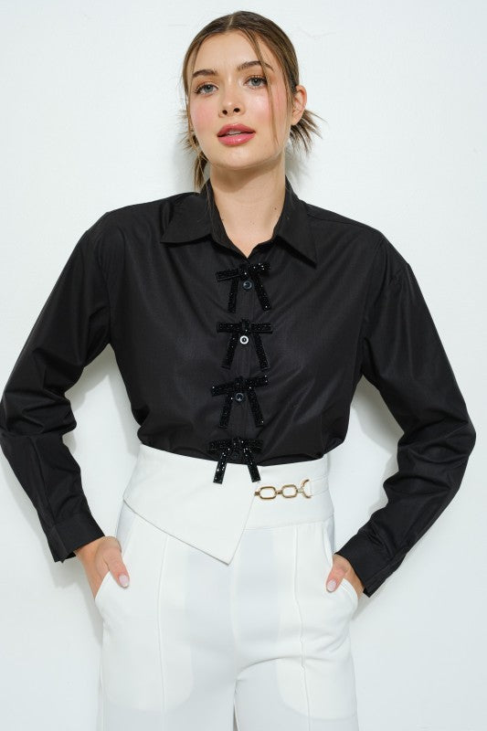 Camisa negra manga larga con moños overside (Nuevo)