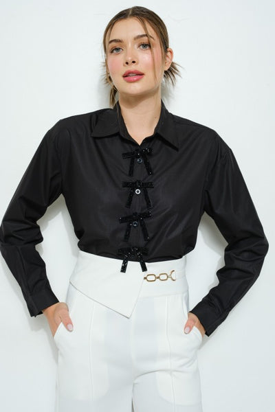 Camisa negra manga larga con moños overside (Nuevo)