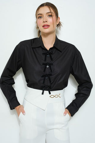 Camisa negra manga larga con moños overside (Nuevo)