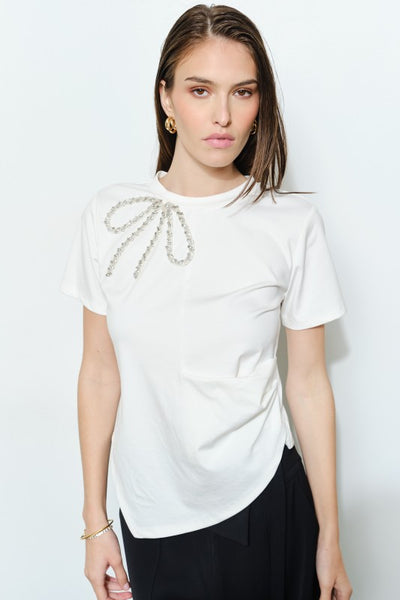 Blusa blanca de manga corta con moño (Nuevo)