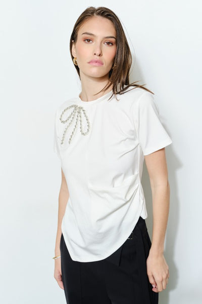 Blusa blanca de manga corta con moño (Nuevo)