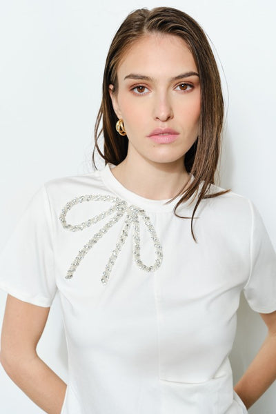 Blusa blanca de manga corta con moño (Nuevo)