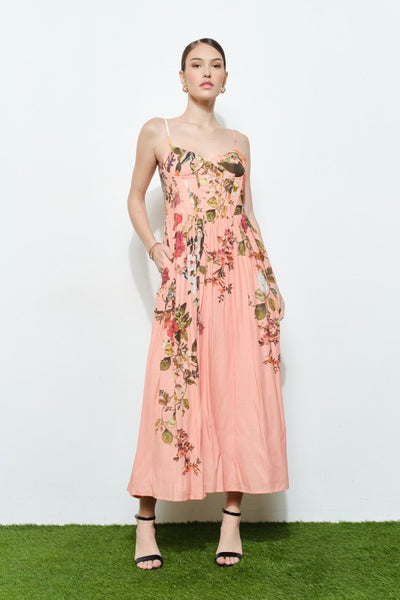 Vestido maxi rosa con estampado de flores (Nuevo)